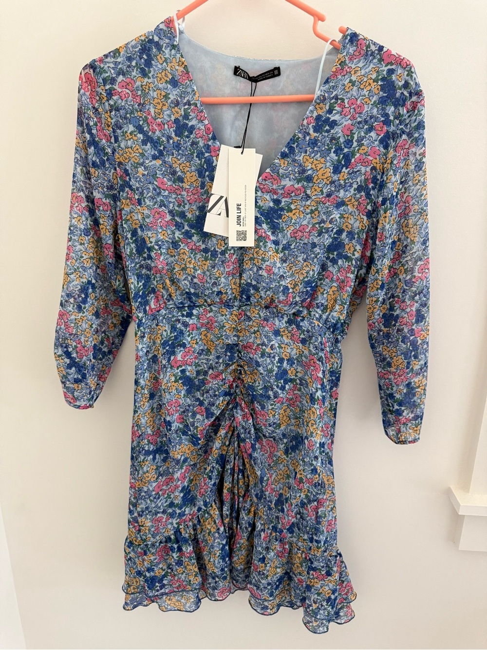 Zara Blue Floral V-Neck Ruched Mini Dress